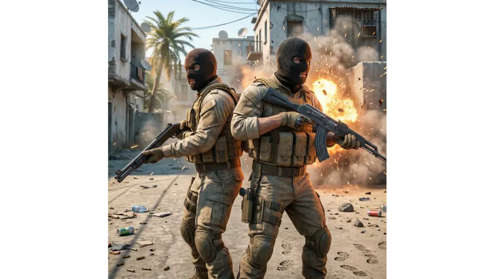 ShadowStrike mobile FPS game artwork with two tactical soldiers